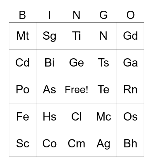 Periodic Table Bingo Card