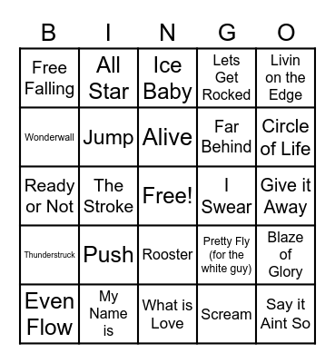 Donkey's 90s Rock & Pop Bingo Card