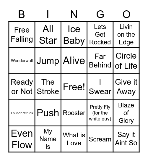 Donkey's 90s Rock & Pop Bingo Card