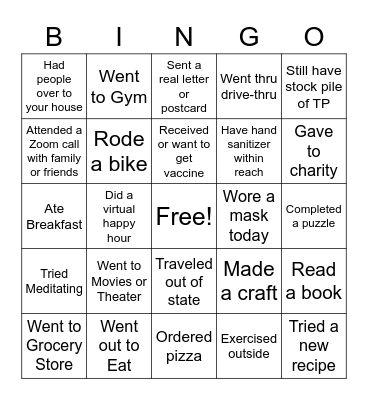 Escaping the COVID Slump Bingo Card