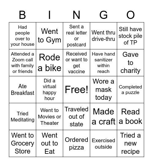 Escaping the COVID Slump Bingo Card