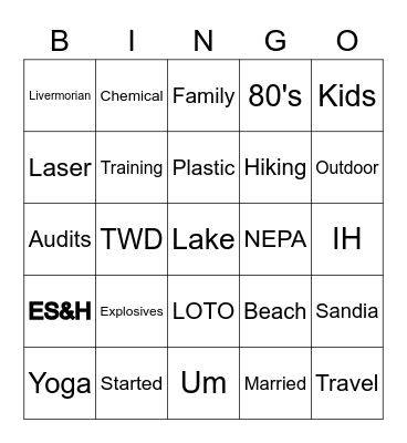 ES&H Team Building Bingo Card