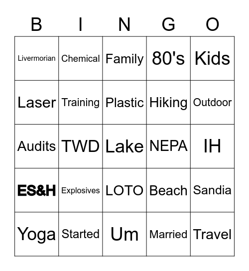 ES&H Team Building Bingo Card