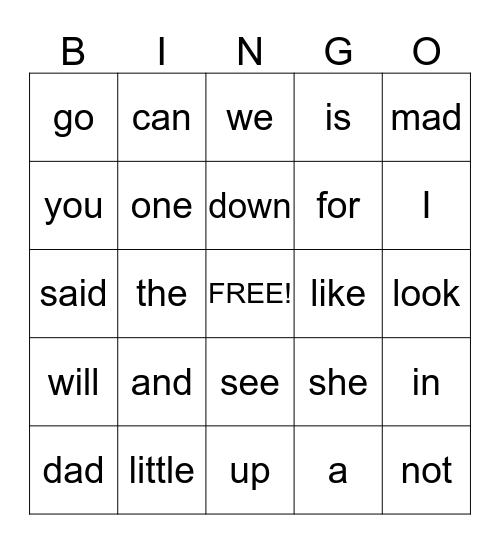 Site Word Bingo Card