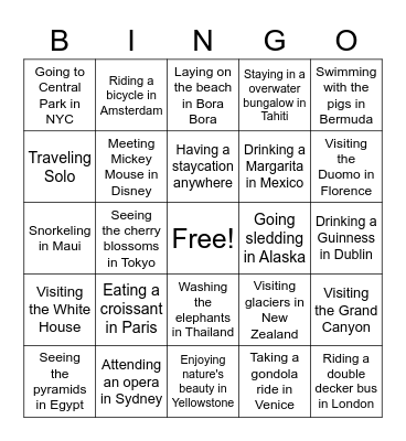 My Post-COVID Dream Vacation Bingo Card