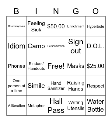 Second First Day Bingo Card