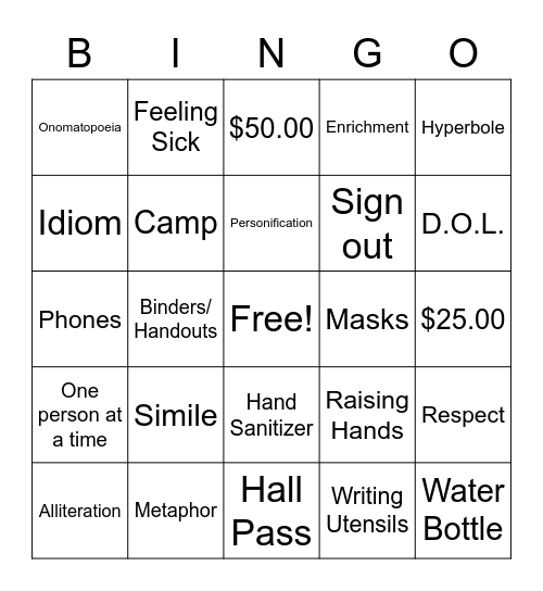 Second First Day Bingo Card