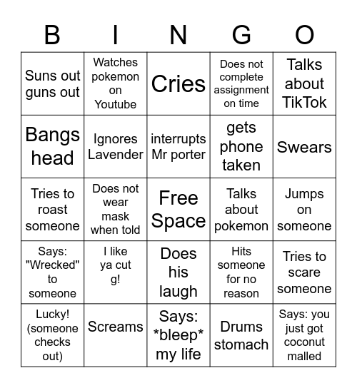 Bingo for Mr Porter Bingo Card