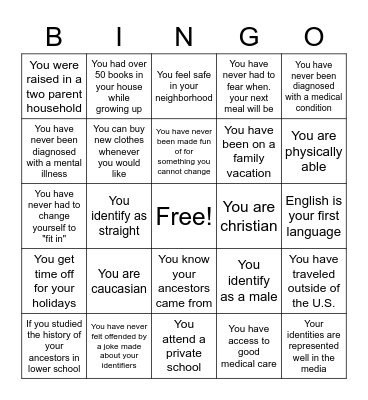 Privilege Bingo Card