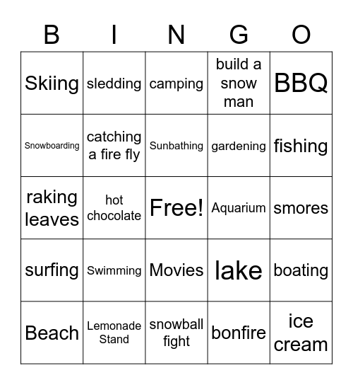 Teen Social Bingo Card