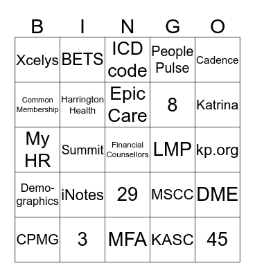Patient Financial Services BINGO Card