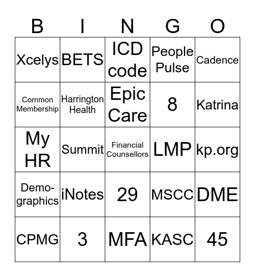 Patient Financial Services BINGO Card