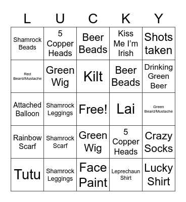 St. Pat's Pub Crawl Bingo Card