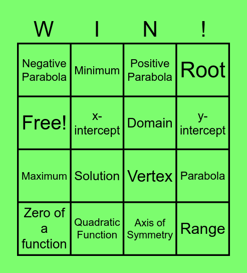 Quadratic Functions Vocabulary Bingo Card