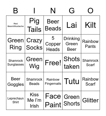 St. Pat's Pub Crawl Bingo Card