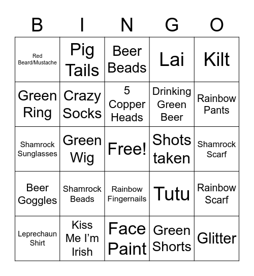 St. Pat's Pub Crawl Bingo Card