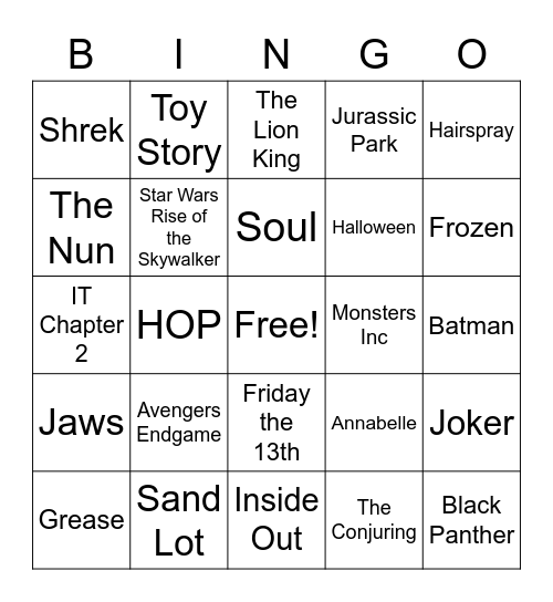 MOVIES TEEN SOCIAL BINGO Card