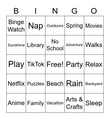 Spring Break Bingo Card