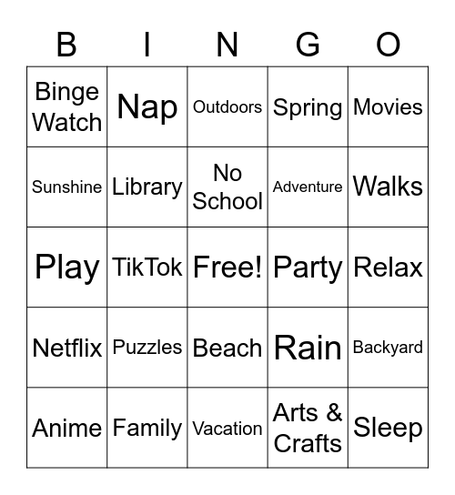 Spring Break Bingo Card