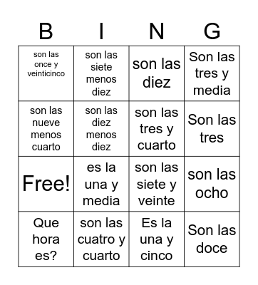 Telling Time Bingo Card