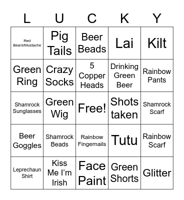 St. Pat's Pub Crawl Bingo Card