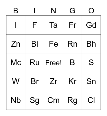 Periodic Table Bingo Card