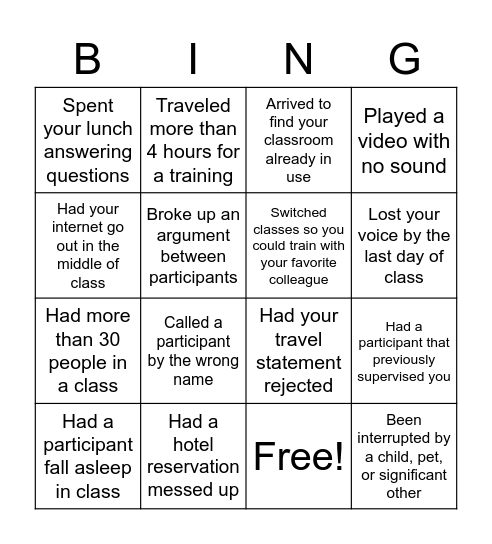 Trainer Bingo Card