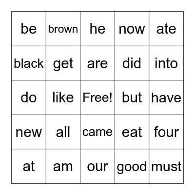 Sight Words-Primer Bingo Card