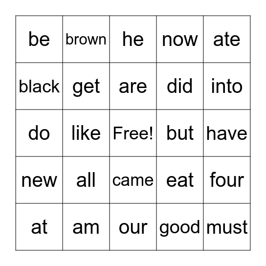 Sight Words-Primer Bingo Card