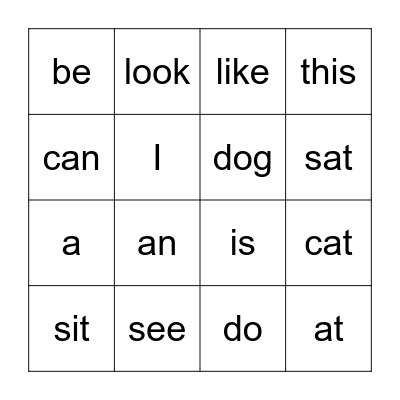 Snap Word Bingo Card