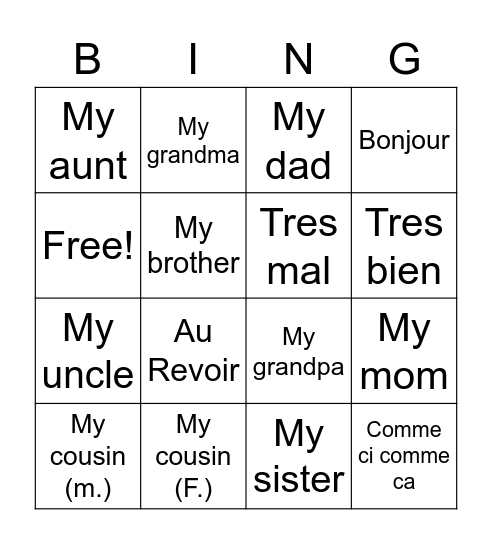 Ma famille Bingo Card