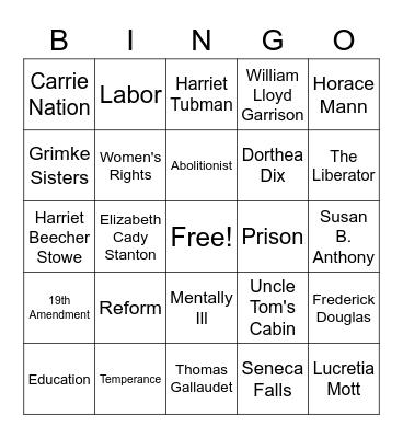 19th Century Reform Movement Bingo Card