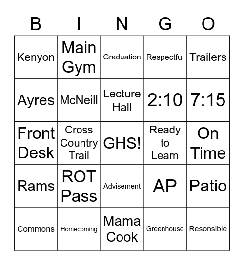 NHS Game 1 Bingo Card