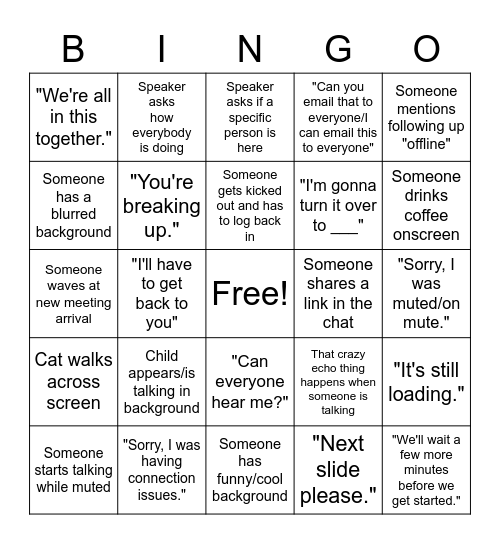 Virtual Meeting Bingo Card