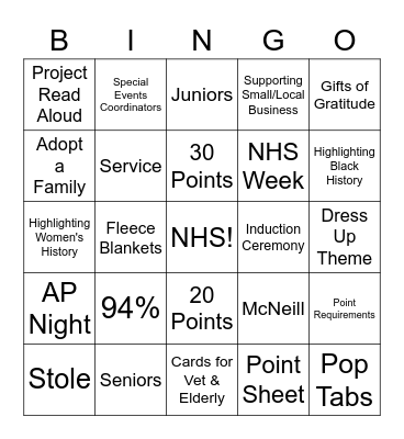 NHS Game 2 Bingo Card