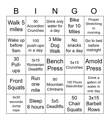 Workout Bingo Card