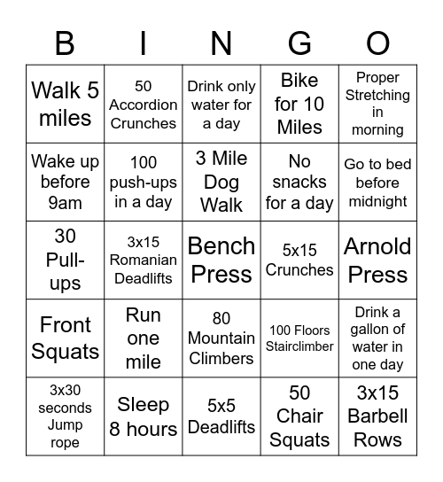 Workout Bingo Card