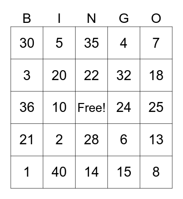 Multiplication Bingo Card