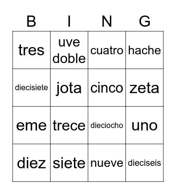 Numeros y letras Bingo Card