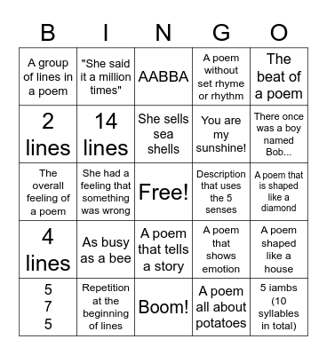 Poetry Review Bingo Card