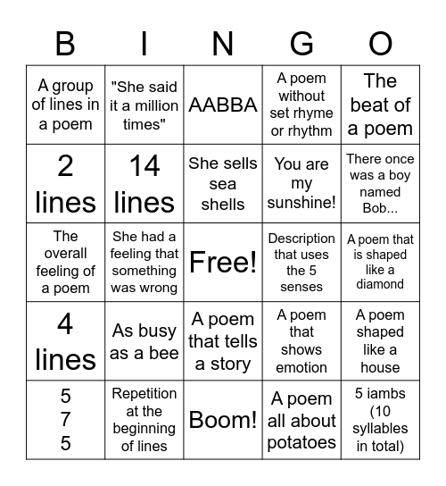 Poetry Review Bingo Card