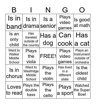 Find someone in Orchestra who... Bingo Card