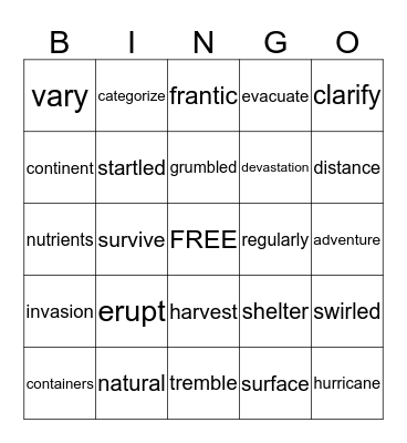 RAvFL Vocabulary Words Bingo Card