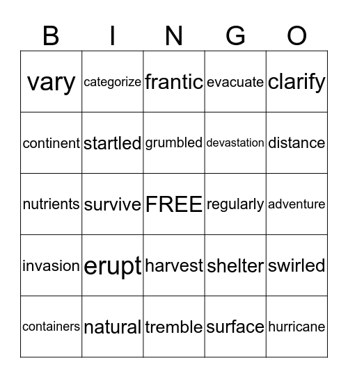 RAvFL Vocabulary Words Bingo Card