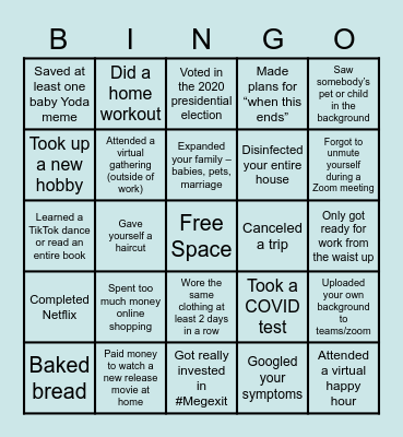 Quarantine Bingo Card