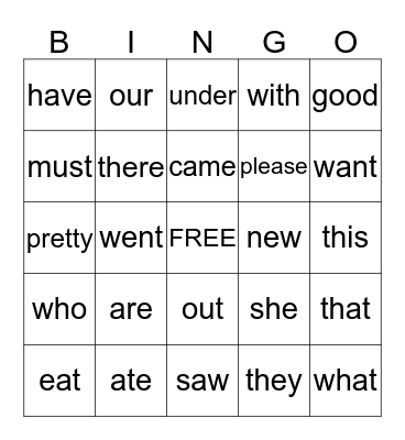 Primer Sight Words Bingo Card