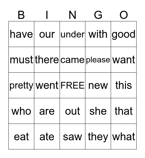 Primer Sight Words Bingo Card