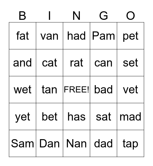 Word Family Bingo Card