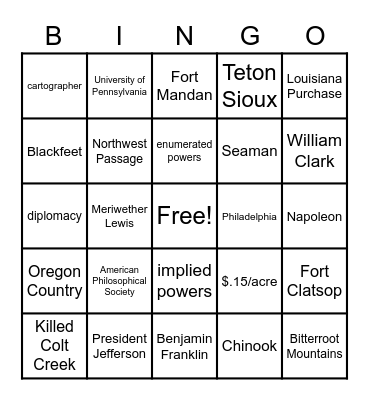 The Corps of Discovery Bingo Card