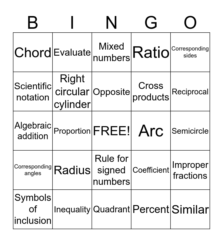 MATH TERM BINGO Card